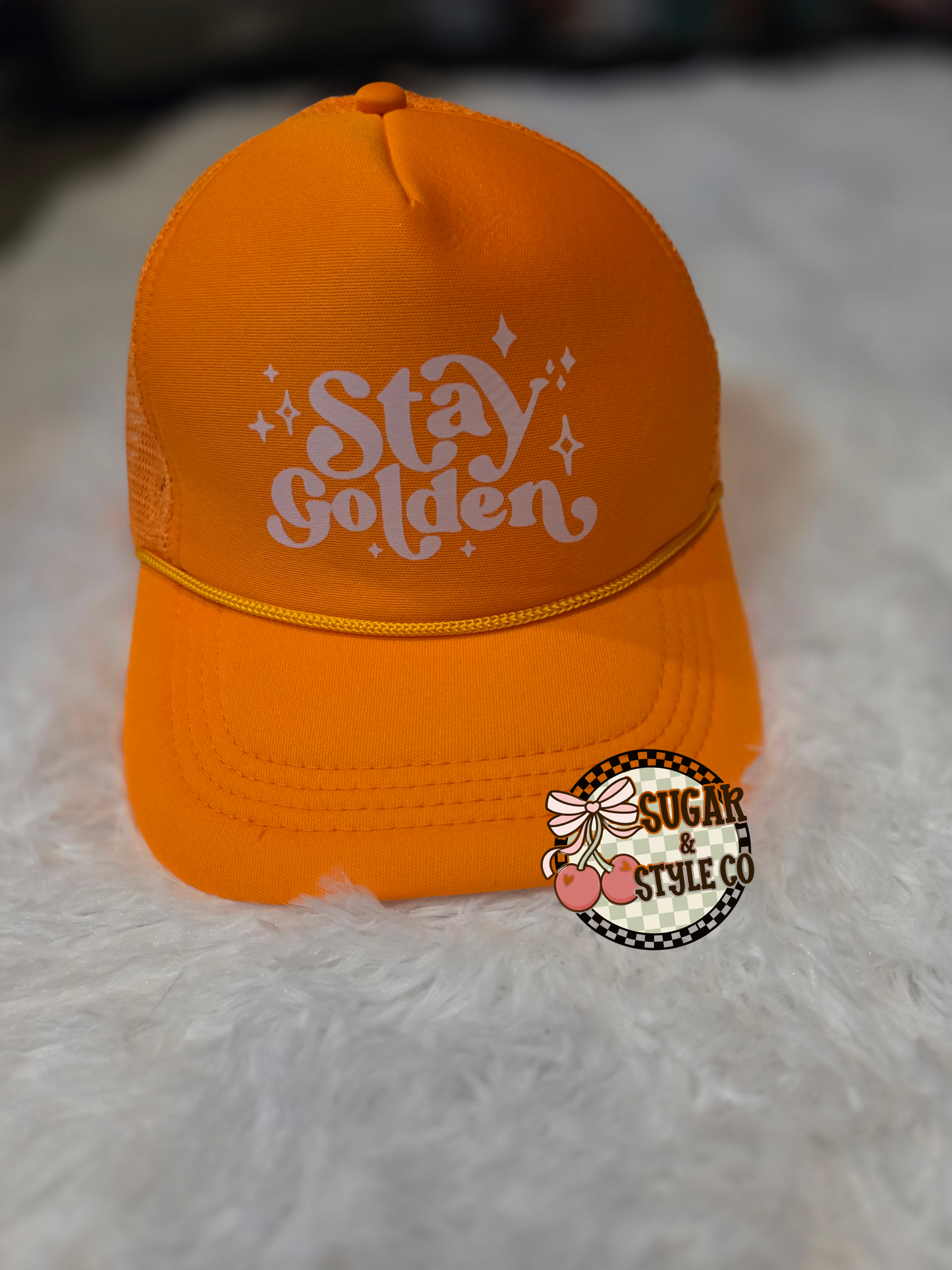 Stay Golden Bright Orange Trucker Hat I Inspirational Patch Hat