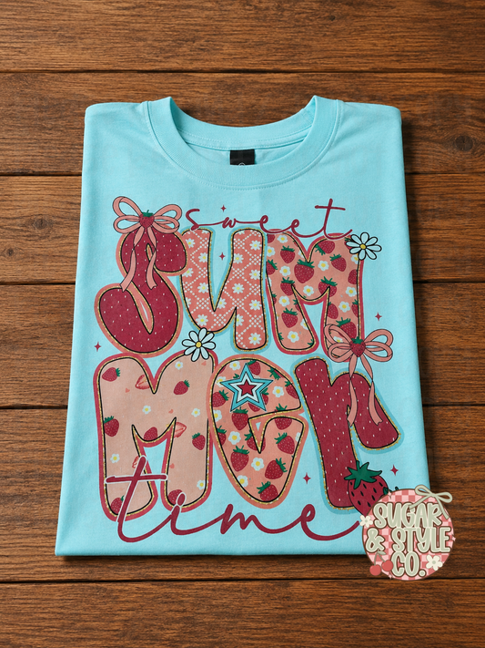 Sweet Summertime Strawberry Graphic T-Shirt I Light Blue Summer Tee