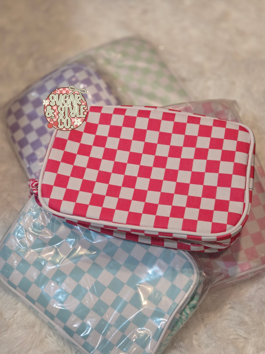Checker Waterproof Makeup Bags with Handle I Zipper Cosmetic Travel Organizer